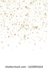 Memphis style gold geometric confetti vector background with triangle, circle, square shapes, chevron and wavy line ribbons. Tinsel 80s style memphis gold sparkle confetti falling on white.