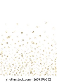 Memphis style gold geometric confetti vector background with triangle, circle, square shapes, zigzag and wavy line ribbons. Modern 90s style bauhaus gold yellow sparkle confetti falling on white.