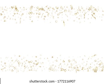Memphis style gold geometric confetti vector background with triangle, circle, square shapes, chevron and wavy line ribbons. Minimal 80s style bauhaus gold yellow tinsel confetti flying on white.