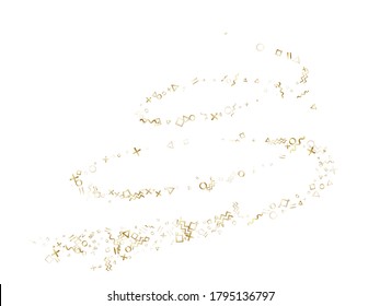 Memphis style gold geometric confetti vector background with triangle, circle, square shapes, zigzag and wavy line ribbons. Magic 90s style bauhaus gold yellow confetti flying scatter on white.