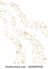 Memphis style gold geometric confetti vector background with triangle, circle, square shapes, chevron and wavy line ribbons. Glittering 80s style bauhaus gold yellow decor confetti falling on white.