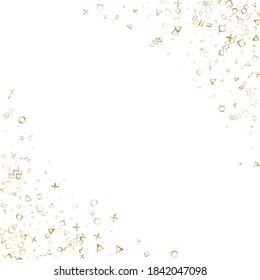 Memphis style gold geometric confetti vector background with triangle, circle, square shapes, zigzag and wavy line ribbons. Modern 90s style bauhaus gold party confetti flying on white.