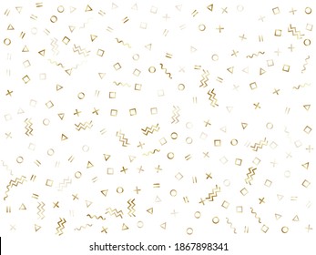 Memphis style gold geometric confetti vector background with triangle, circle, square shapes, zigzag and wavy line ribbons. Small 90s style memphis gold yellow tinsel confetti flying on white.