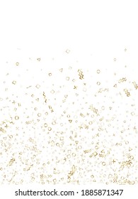 Memphis style gold geometric confetti vector background with triangle, circle, square shapes, chevron and wavy line ribbons. Fancy 90s style bauhaus gold yellow tinsel confetti falling on white.
