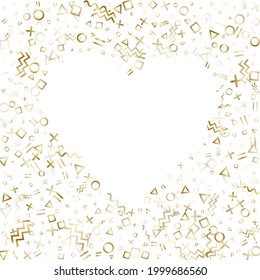 Memphis style gold geometric confetti vector background with triangle, circle, square shapes, zigzag and wavy line ribbons. Shiny 80s style memphis gold yellow party confetti falling on white.