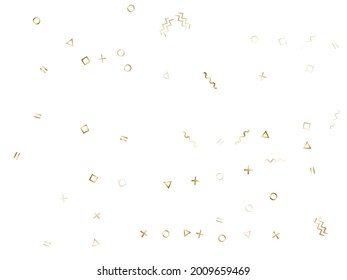 Memphis style gold geometric confetti vector background with triangle, circle, square shapes, zigzag and wavy line ribbons. Festive 90s style bauhaus gold sparkle confetti flying on white.