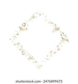 Memphis style gold geometric confetti vector background with triangle, circle, square shapes, chevron and wavy line ribbons. Shiny 80s style memphis gold sparkle confetti falling on white.