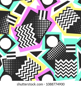 Memphis style hand drawn textured seamless pattern.Retro flavour trendy geometric elements painted with colorful ink brush strokes.