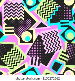 Memphis style hand drawn textured seamless pattern.Retro flavour trendy geometric elements painted with colorful ink brush strokes.