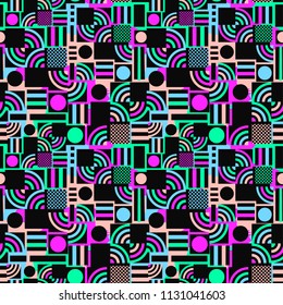 Memphis style hand drawn textured seamless pattern.Retro flavour trendy geometric elements painted with colorful ink brush strokes.