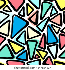 Memphis style hand drawn textured seamless pattern.Retro flavour trendy geometric elements painted with colorful ink brush strokes.