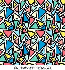 Memphis style hand drawn textured seamless pattern.Retro flavor trendy geometric elements painted with colorful ink brush strokes.