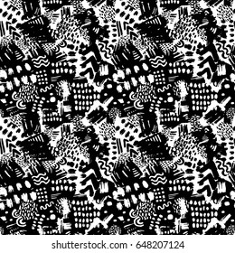 Memphis style hand drawn textured seamless pattern.Retro flavour trendy geometric elements painted with black ink brush strokes.