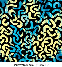 Memphis style hand drawn textured seamless pattern.Retro flavour trendy geometric elements painted with colorful ink brush strokes.Blue and yellow.