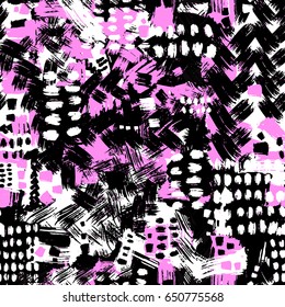 Memphis style hand drawn textured seamless pattern.Retro flavour trendy geometric elements painted with colorful ink brush strokes.