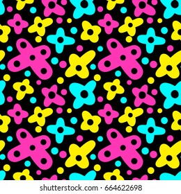Memphis style hand drawn textured seamless pattern.Retro flavour trendy geometric elements painted with colorful ink brush strokes.