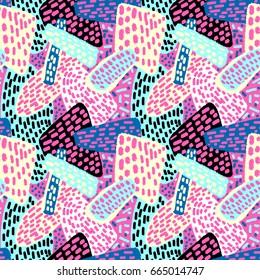 Memphis style hand drawn textured seamless pattern.Retro flavour trendy geometric elements painted with colorful ink brush strokes.