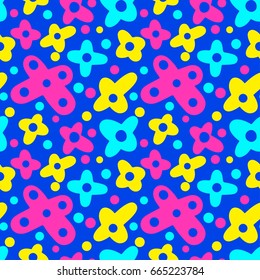 Memphis style hand drawn textured seamless pattern.Retro flavour trendy geometric elements painted with colorful ink brush strokes.