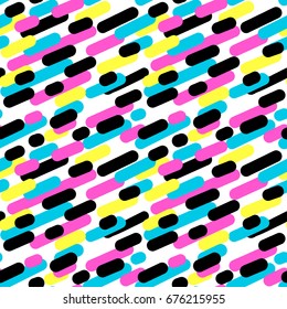 Memphis style hand drawn textured seamless pattern.Retro flavour trendy geometric elements painted with colorful ink brush strokes.