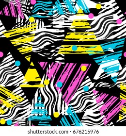 Memphis style hand drawn textured seamless pattern.Retro flavour trendy geometric elements painted with colorful ink brush strokes.