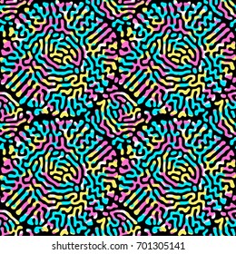 Memphis style hand drawn textured seamless pattern.Retro flavour trendy geometric elements painted with colorful ink brush strokes.