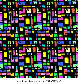Memphis style hand drawn textured seamless pattern.Retro flavour trendy geometric elements painted with colorful ink brush strokes.