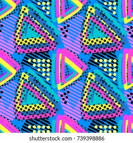 Memphis style hand drawn textured seamless pattern.Retro flavour trendy geometric elements painted with colorful ink brush strokes.