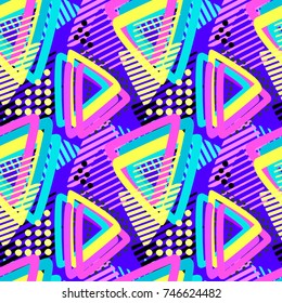 Memphis style hand drawn textured seamless pattern.Retro flavour trendy geometric elements painted with colorful ink brush strokes.