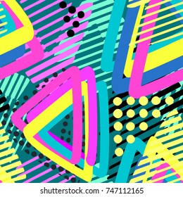 Memphis style hand drawn textured seamless pattern.Retro flavour trendy geometric elements painted with colorful ink brush strokes.