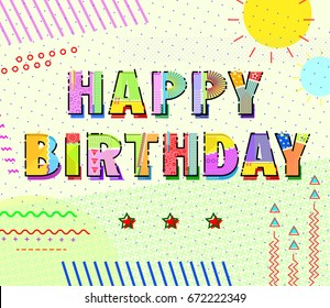Memphis style Happy Birthday banner. Editable background mask. Template for your design works. Vector illustration.