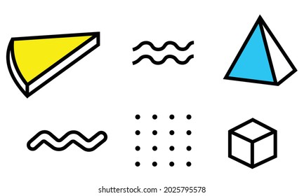 Conjunto de iconos de estilo Memphis, que consta de iconos, cubos, pirámides triangulares, rebanadas geométricas de pizza y más.