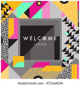 Memphis style illustration summer poster. "Welcome Summer" typographic design.