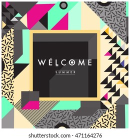 Memphis style illustration summer poster. "Welcome Summer" typographic design.