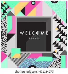 Memphis style illustration summer poster. "Welcome Summer" typographic design.