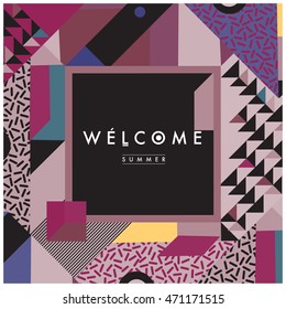 Memphis style illustration summer poster. "Welcome Summer" typographic design.
