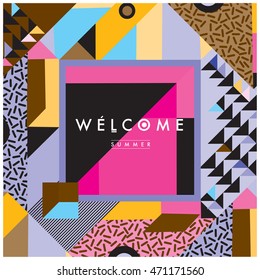 Memphis style illustration summer poster. "Welcome Summer" typographic design.