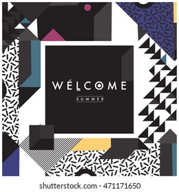 Memphis style illustration summer poster. "Welcome Summer" typographic design.