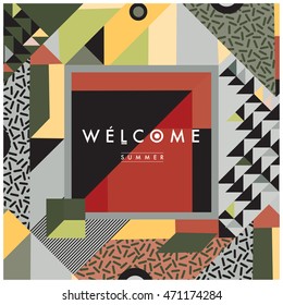 Memphis style illustration summer poster. "Welcome Summer" typographic design.
