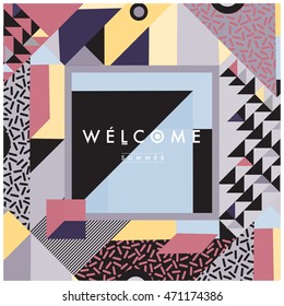 Memphis style illustration summer poster. "Welcome Summer" typographic design.
