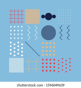Memphis style inspired pattern design made with simple geometric shapes and figures. Vector geometric abstract composition useful for wallpaper decorations, presentations, fabrics textile design, etc