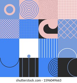 Memphis style inspired pattern design made with simple geometric shapes and figures. Vector geometric abstract composition useful for wallpaper decorations, presentations, fabrics textile design, etc