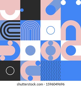 Memphis style inspired pattern design made with simple geometric shapes and figures. Vector geometric abstract composition useful for wallpaper decorations, presentations, fabrics textile design, etc