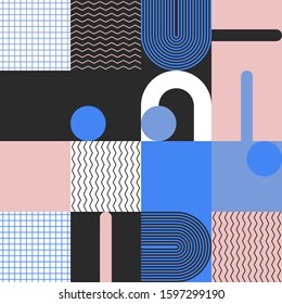 Memphis style inspired pattern design made with simple geometric shapes and figures. Vector geometric abstract composition useful for wallpaper decorations, presentations, fabrics textile design, etc