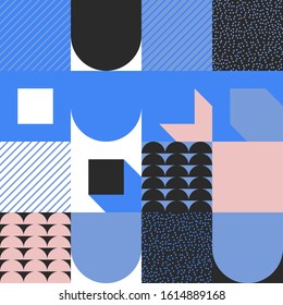 Memphis style inspired pattern design made with simple geometric shapes and figures. Vector geometric abstract composition useful for wallpaper decorations, presentations, fabrics textile design, etc