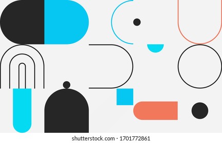 Memphis style inspired pattern design made with simple geometric shapes and figures. Vector geometric abstract composition useful for wallpaper decorations, presentations, fabrics textile design, etc