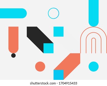 Memphis style inspired pattern design made with simple geometric shapes and figures. Vector geometric abstract composition useful for wallpaper decorations, presentations, fabrics textile design, etc