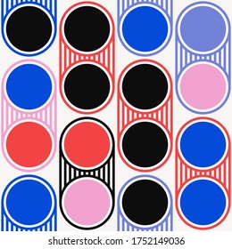 Memphis style inspired pattern design made with simple geometric shapes and figures. Vector geometric abstract composition useful for wallpaper decorations, presentations, fabrics textile design, etc