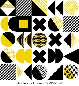 Memphis style inspired pattern design made with simple geometric shapes and figures. Vector geometric abstract composition useful for wallpaper decorations, presentations, fabrics textile design, etc