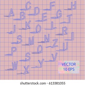 Memphis style letters. Isometric font pastel cage in 90s style. Set of vector letters constructed on the basis of the isometric view. Low poly 3d characters. Vector