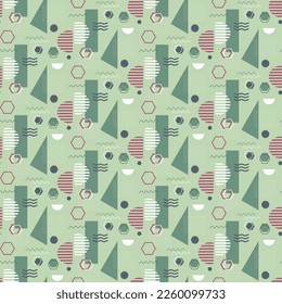 Memphis style pattern. Modern design with geometric shapes - circles and lines, triangles and stripes. Vector on a colored background. For packaging, fabric and clothing, covers and brochures, banners